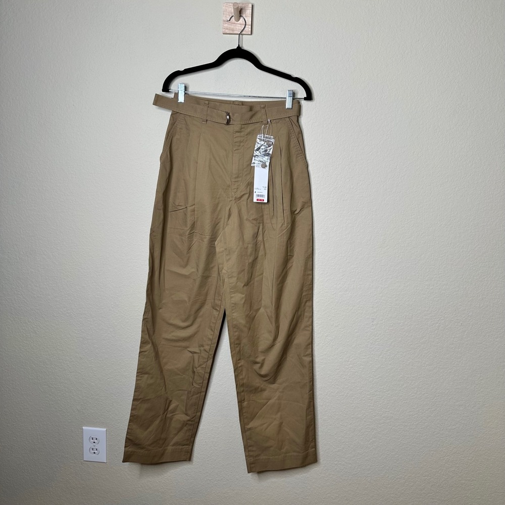 Uniqlo U Women Cotton Twill Tuck Pants Brown Khaki Belted Pleated Size 4 Capsule